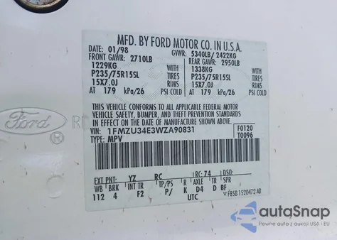 1998 Ford Explorer Eddie Bauer/Limited/Xl/Xlt from USA, damaged, VIN 1FMZU34E3WZA90831